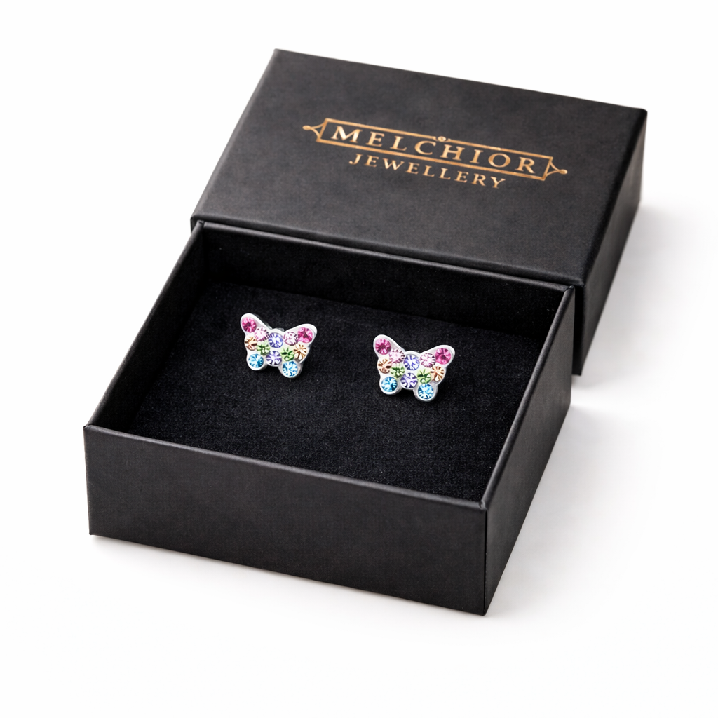 Melchior Jewellery sparkle butterfly earrings for girls in a black branded gift box