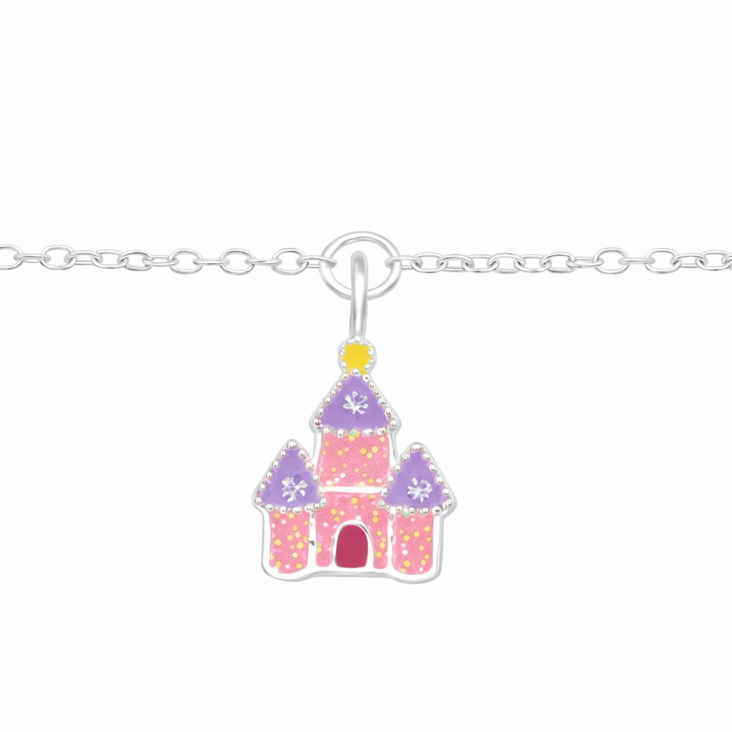 Melchior Jewellery sparkly castle bracelet for girls with pink and purple enamel charm on silver chain