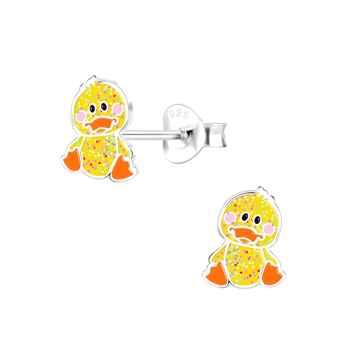 Melchior Jewellery sparkly duck stud earrings for kids featuring yellow glitter design and sterling silver posts