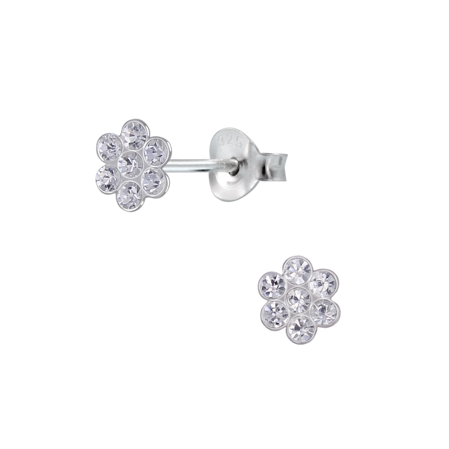 Melchior Jewellery sparkly flower stud earrings for girls in silver with clear crystals