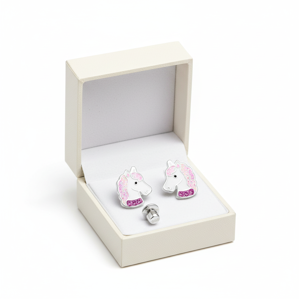 Melchior Jewellery sparkly pink unicorn earrings for kids in a cream jewellery box