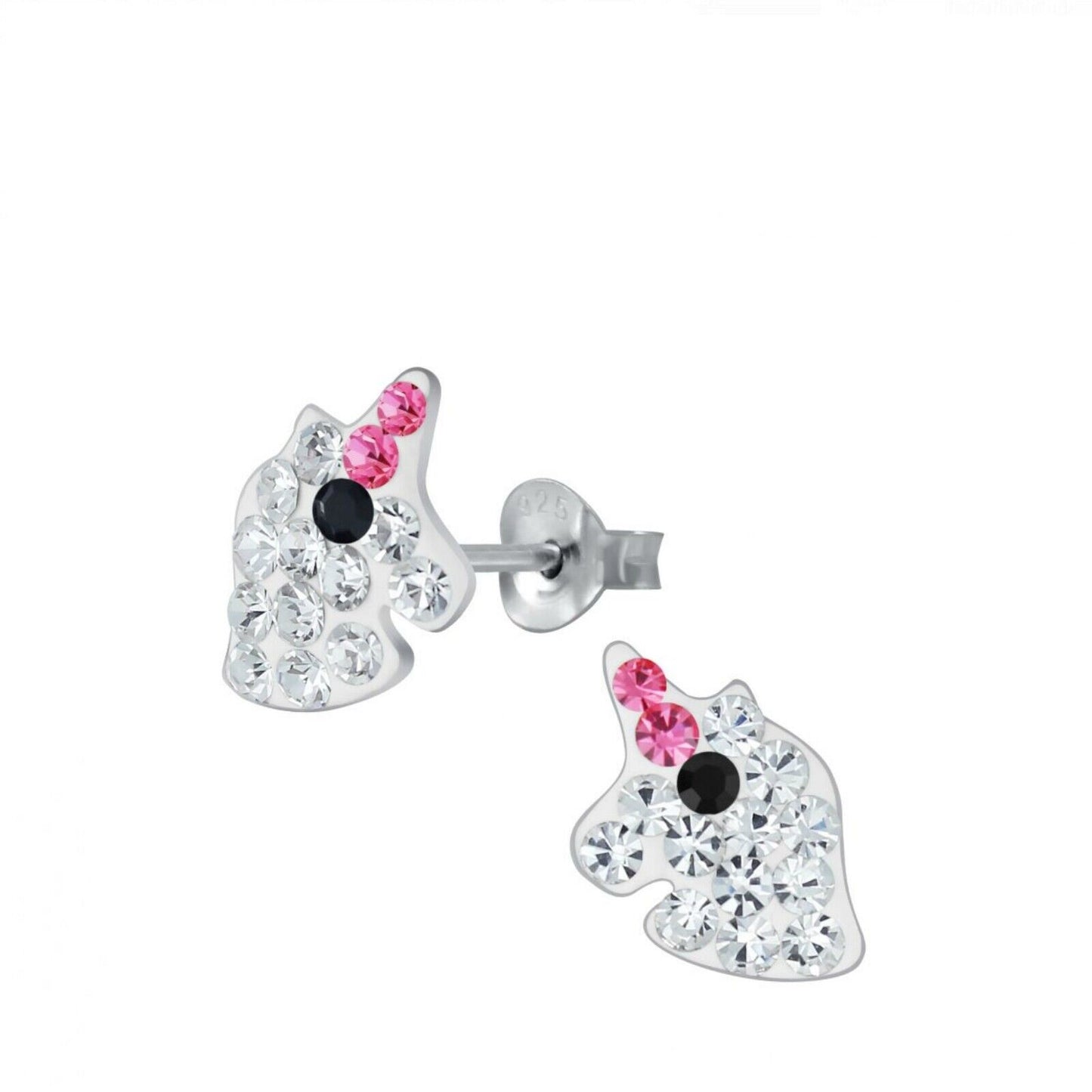 Melchior Jewellery sparkly unicorn stud earrings for kids silver unicorn head studs with clear and pink crystals