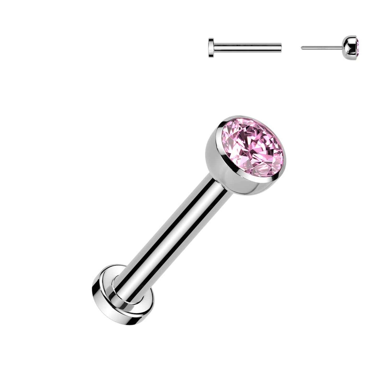 sterling silver bezel CZ labret piercing with a pink cubic zirconia gem for body jewellery