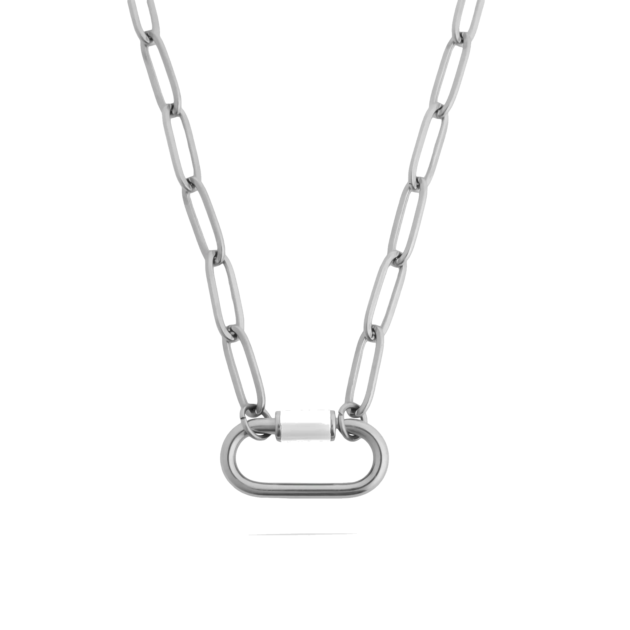 Silver stainless steel carabiner necklace by Melchior Jewellery with elongated chain links and polished finish