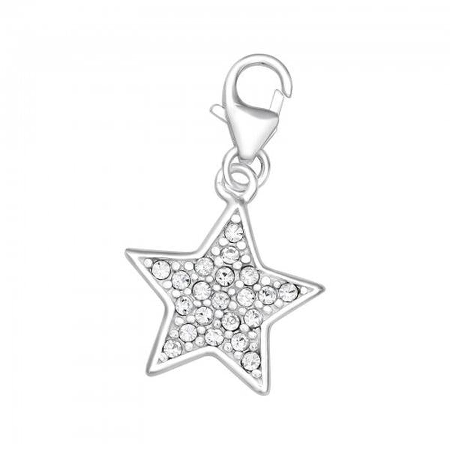 Silver star charm encrusted with clear cubic zirconia crystals with clip clasp Star CZ Clip On Charm by Melchior Jewellery