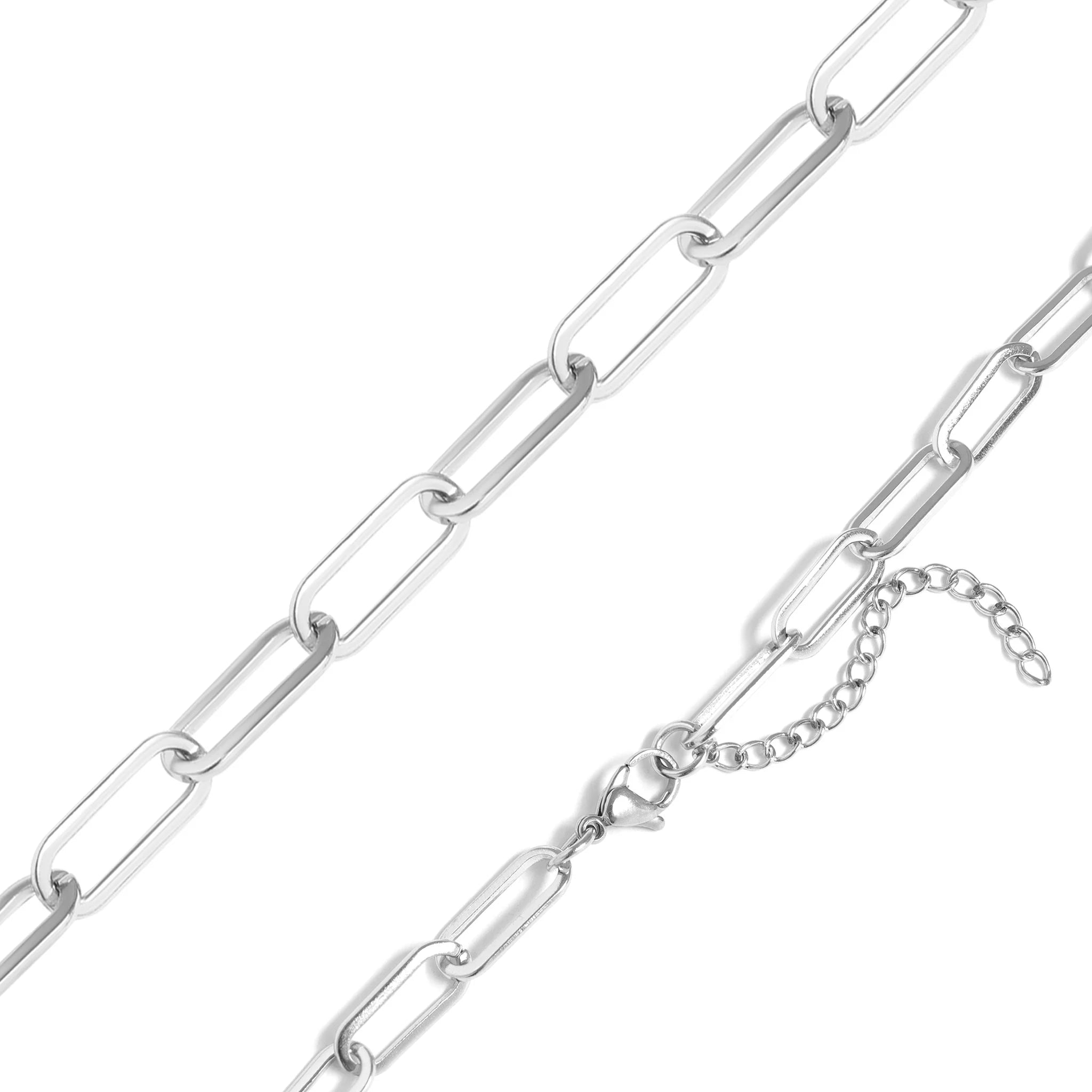 Silver Steel Paperclip Chain Necklace by Melchior Jewellery with elongated links and adjustable clasp