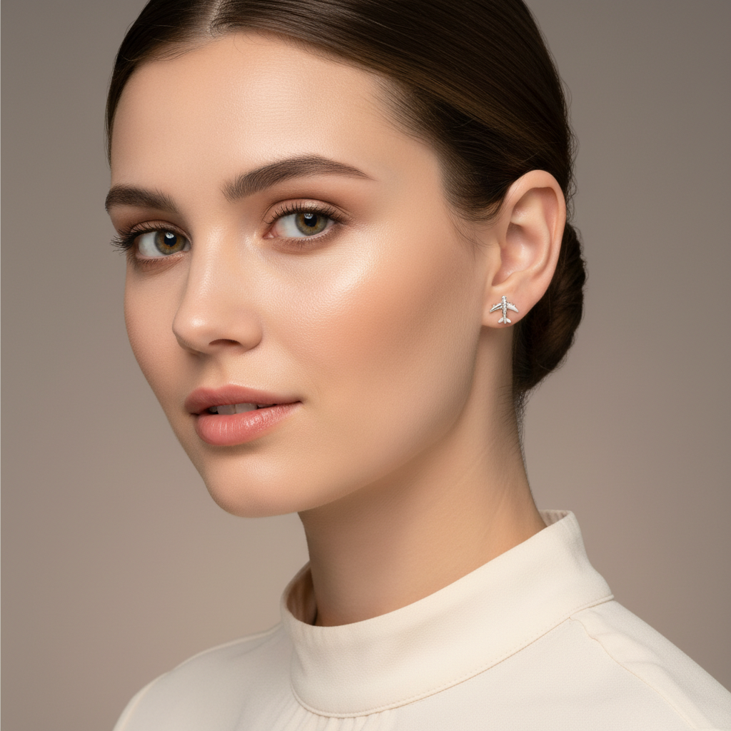 Model wearing sterling silver aeroplane earrings by Melchior Jewellery with minimalist design
