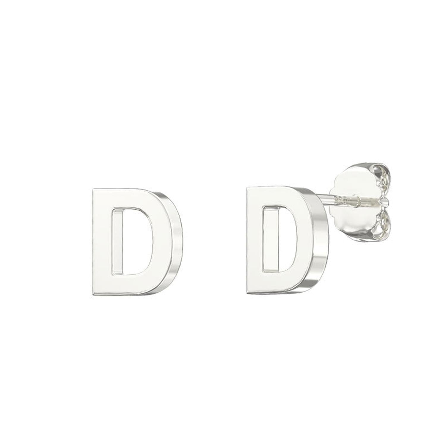 Melchior Jewellery sterling silver alphabet letter stud earrings in polished silver finish with letter D design