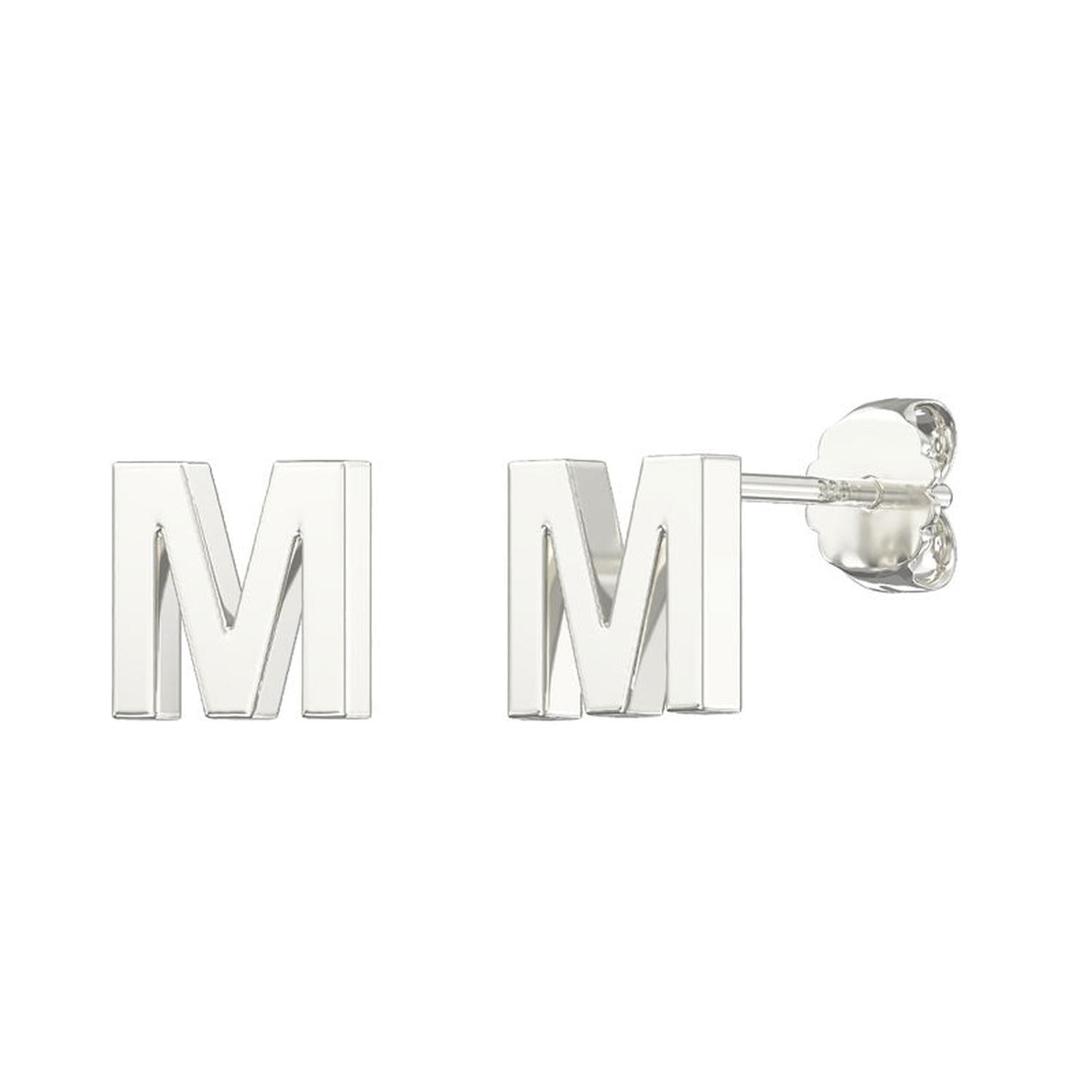 Melchior Jewellery sterling silver alphabet letter stud earrings with polished M design and secure butterfly backs