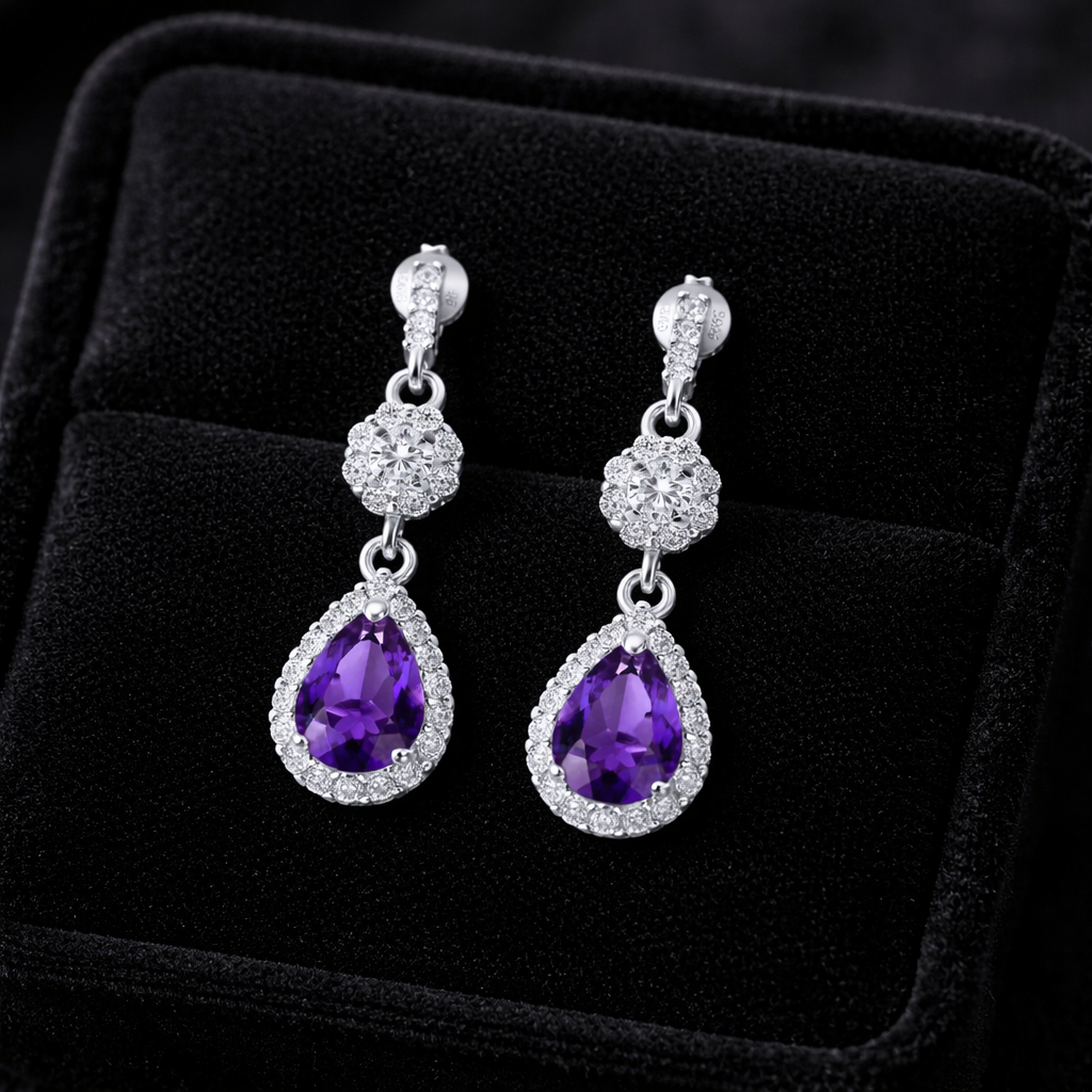 Melchior Jewellery sterling silver amethyst earrings with deep purple teardrop stones and sparkling clear crystals