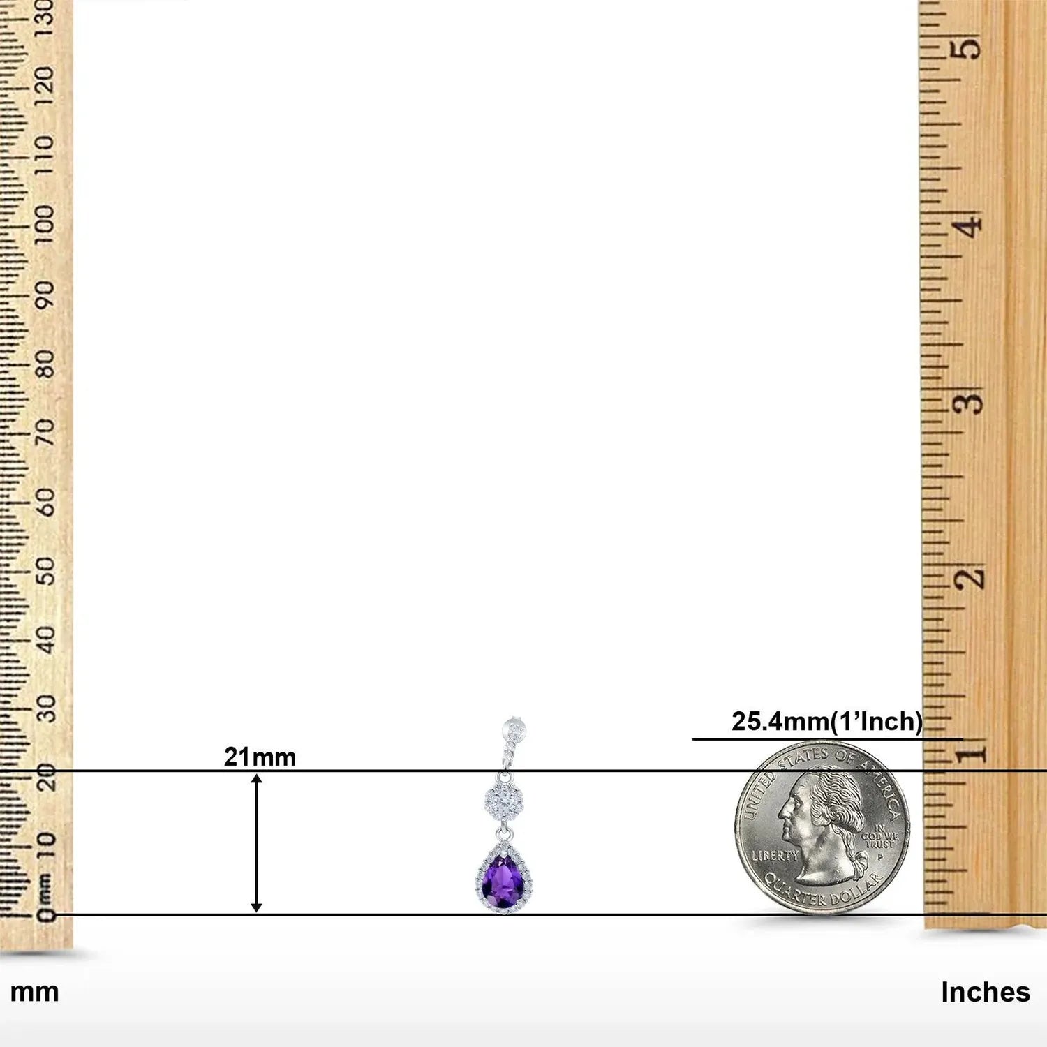 Melchior Jewellery sterling silver amethyst earrings with teardrop purple amethyst and clear stones, measuring 21mm in length
