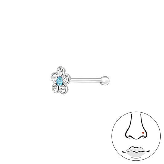 Melchior Jewellery sterling silver aqua flower nose stud with clear crystal petals and bead end for comfortable wear