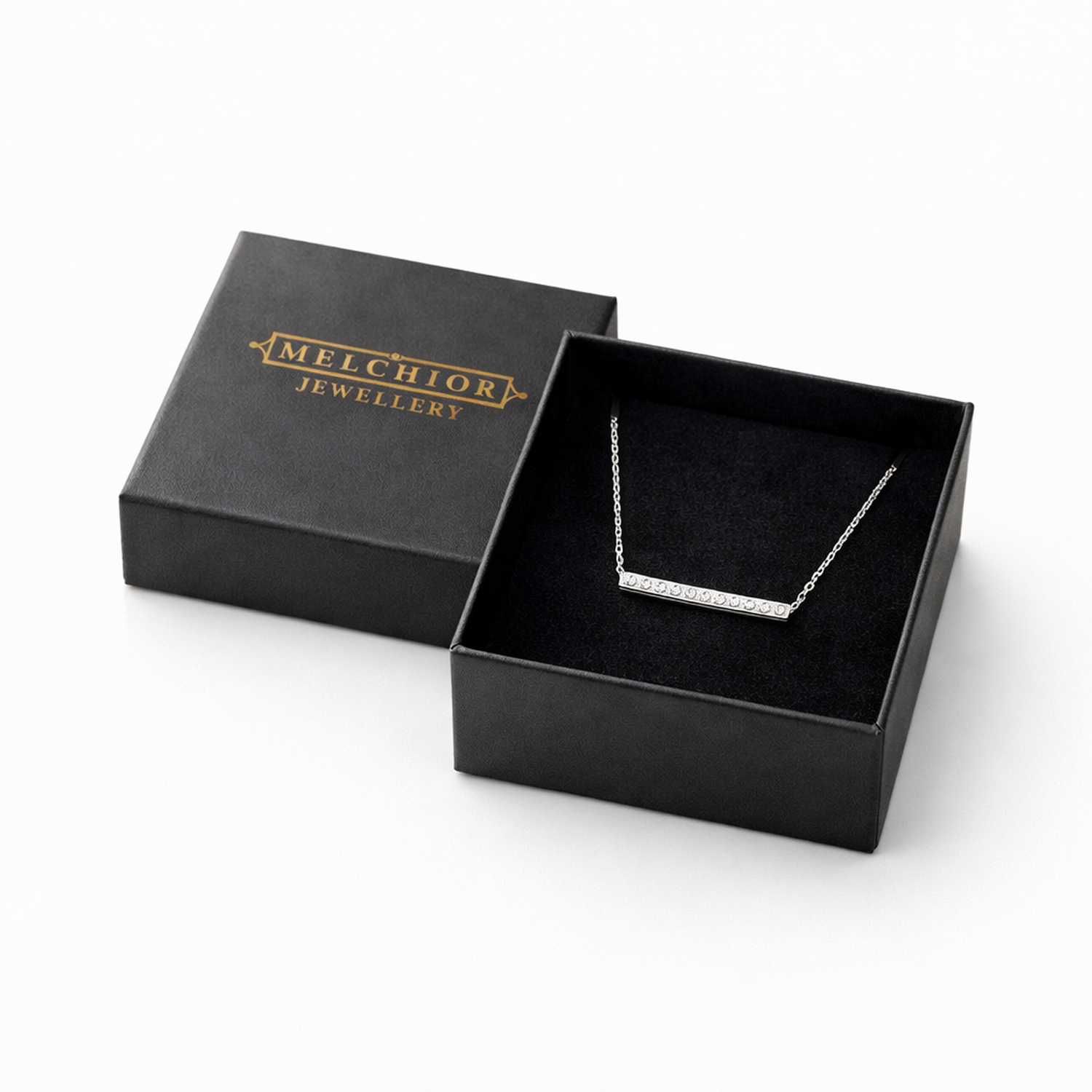 Melchior Jewellery sterling silver bar necklace displayed in black branded jewellery box
