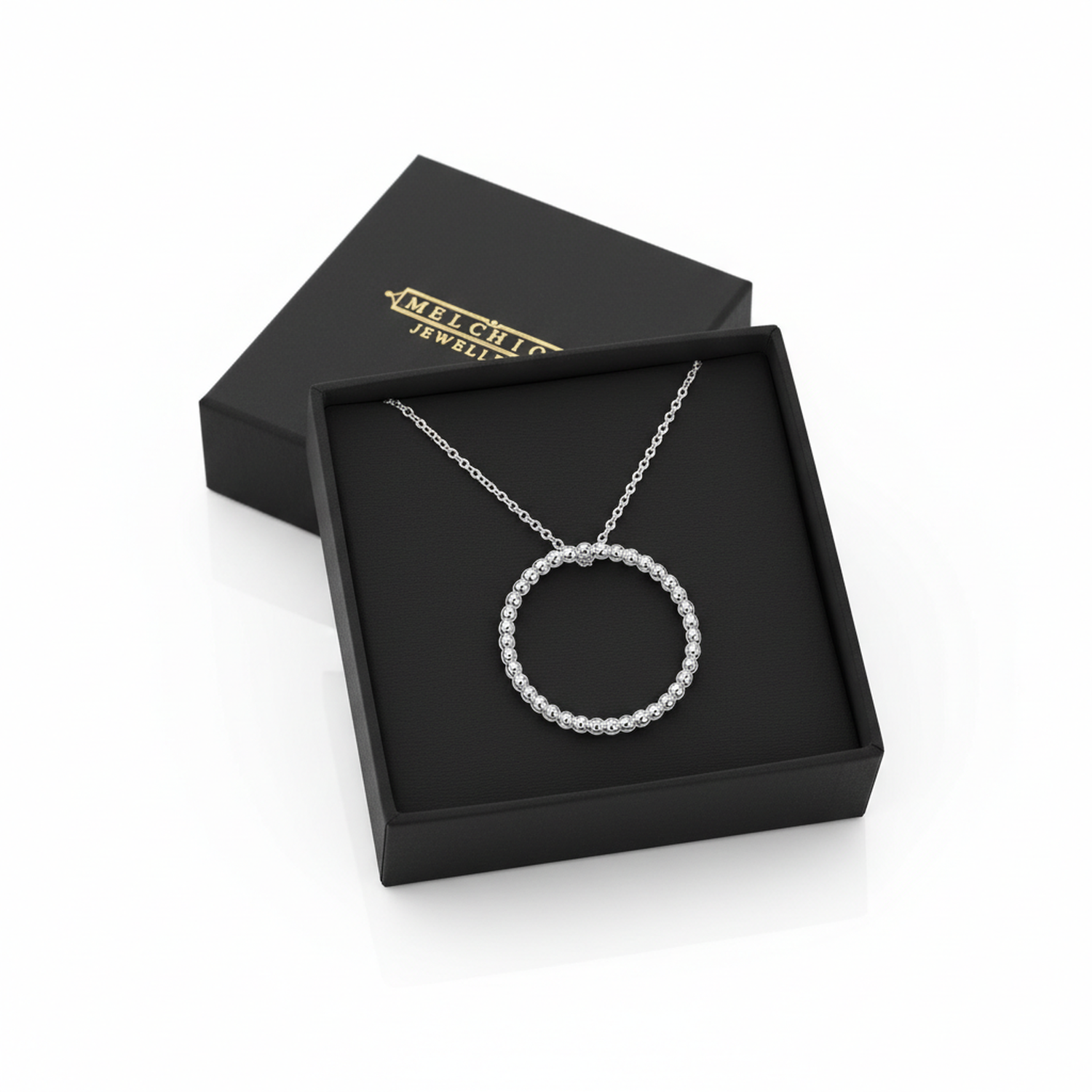 Sterling Silver Beaded Halo Necklace by Melchior Jewellery displayed in black gift box