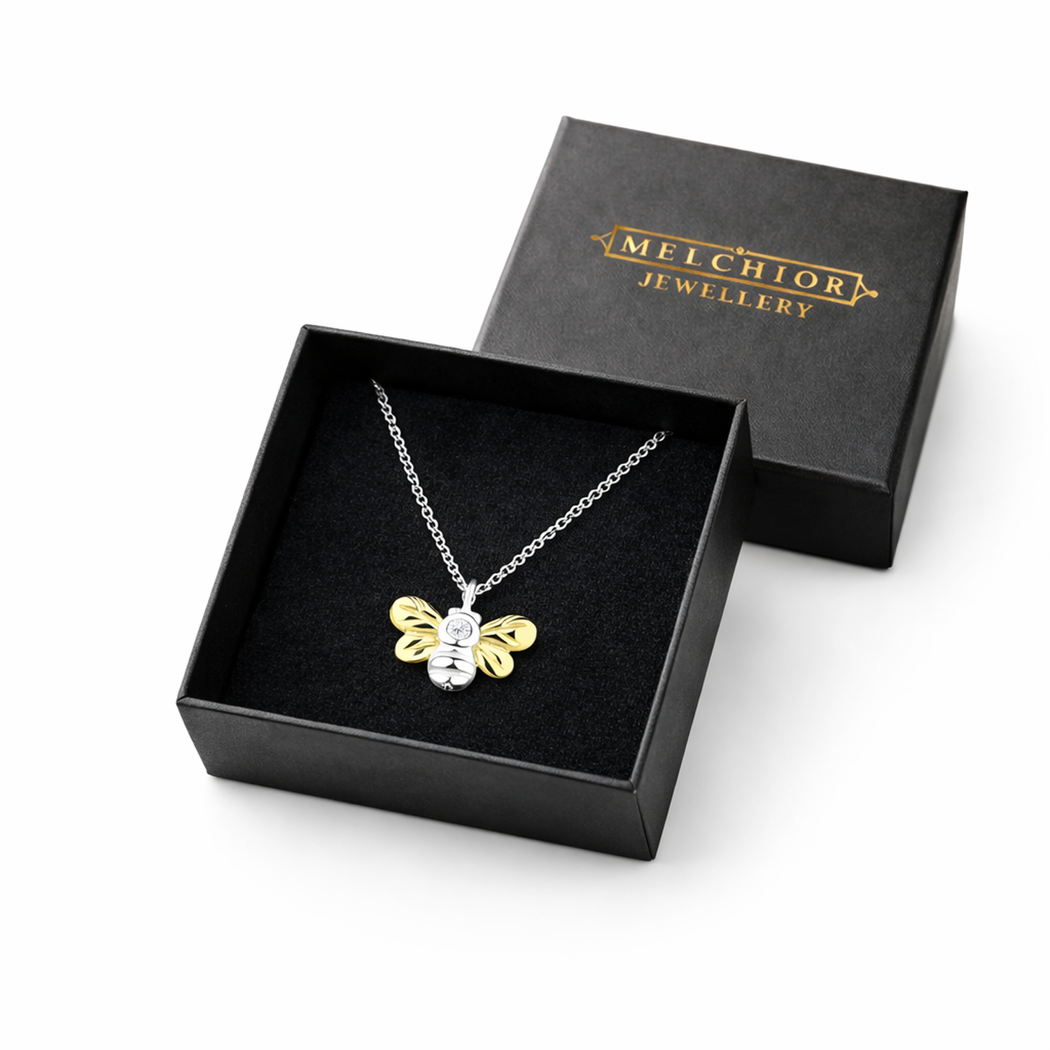 Melchior Jewellery sterling silver bee necklace with gold wings in black gift box