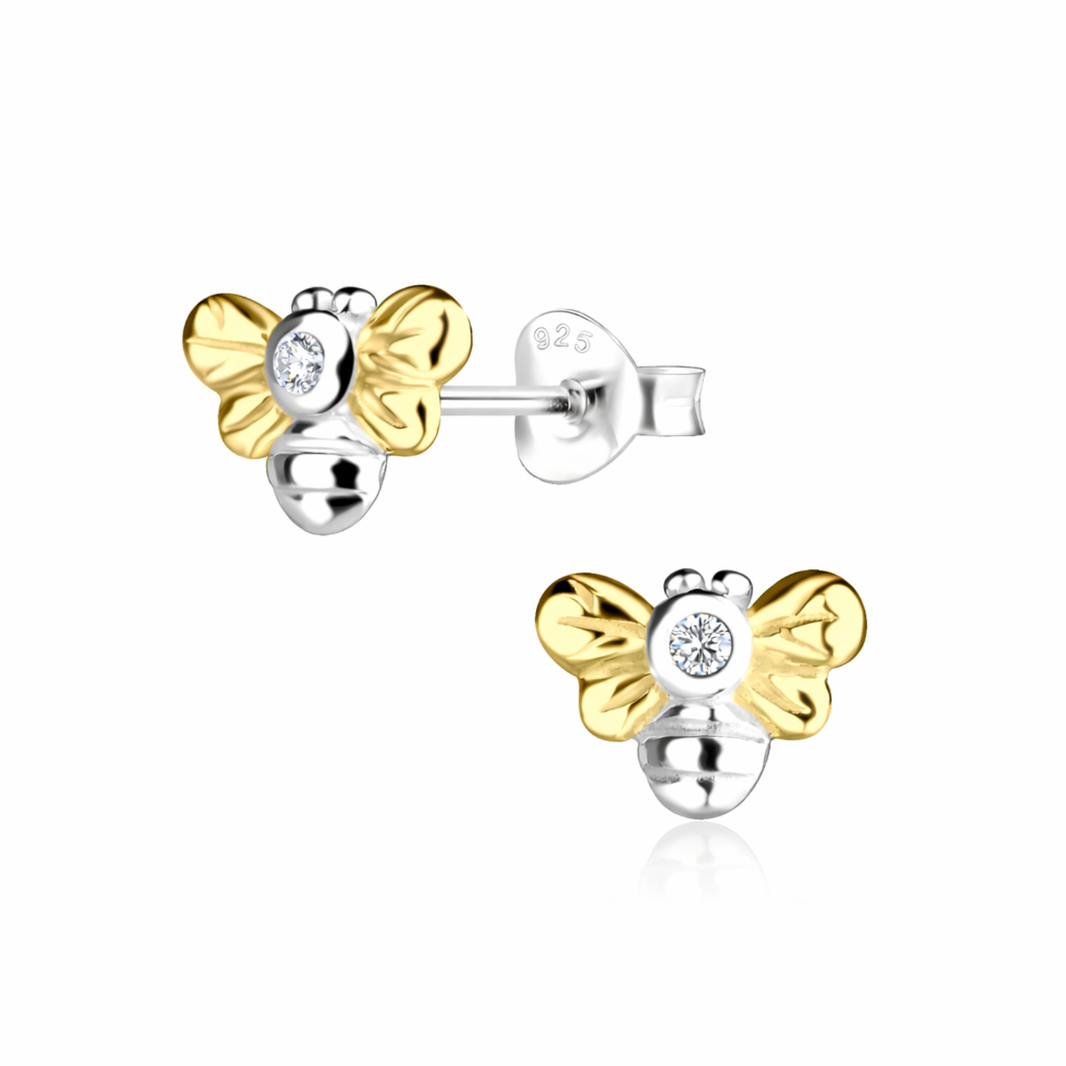 Melchior Jewellery Sterling Silver Bee Stud Earrings With Diamond featuring gold-tone wings and sparkling clear gemstone