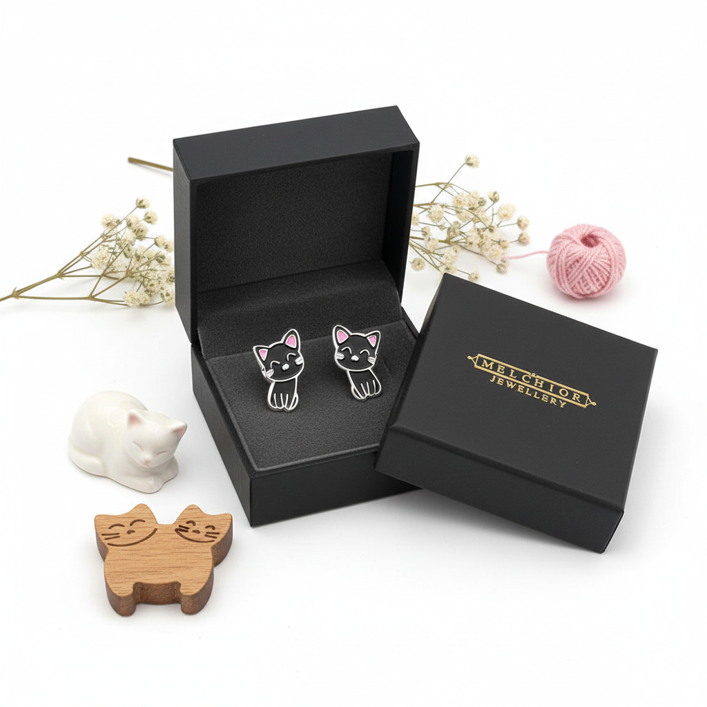 Melchior Jewellery sterling silver black cat earrings for children in black box with cat decorations