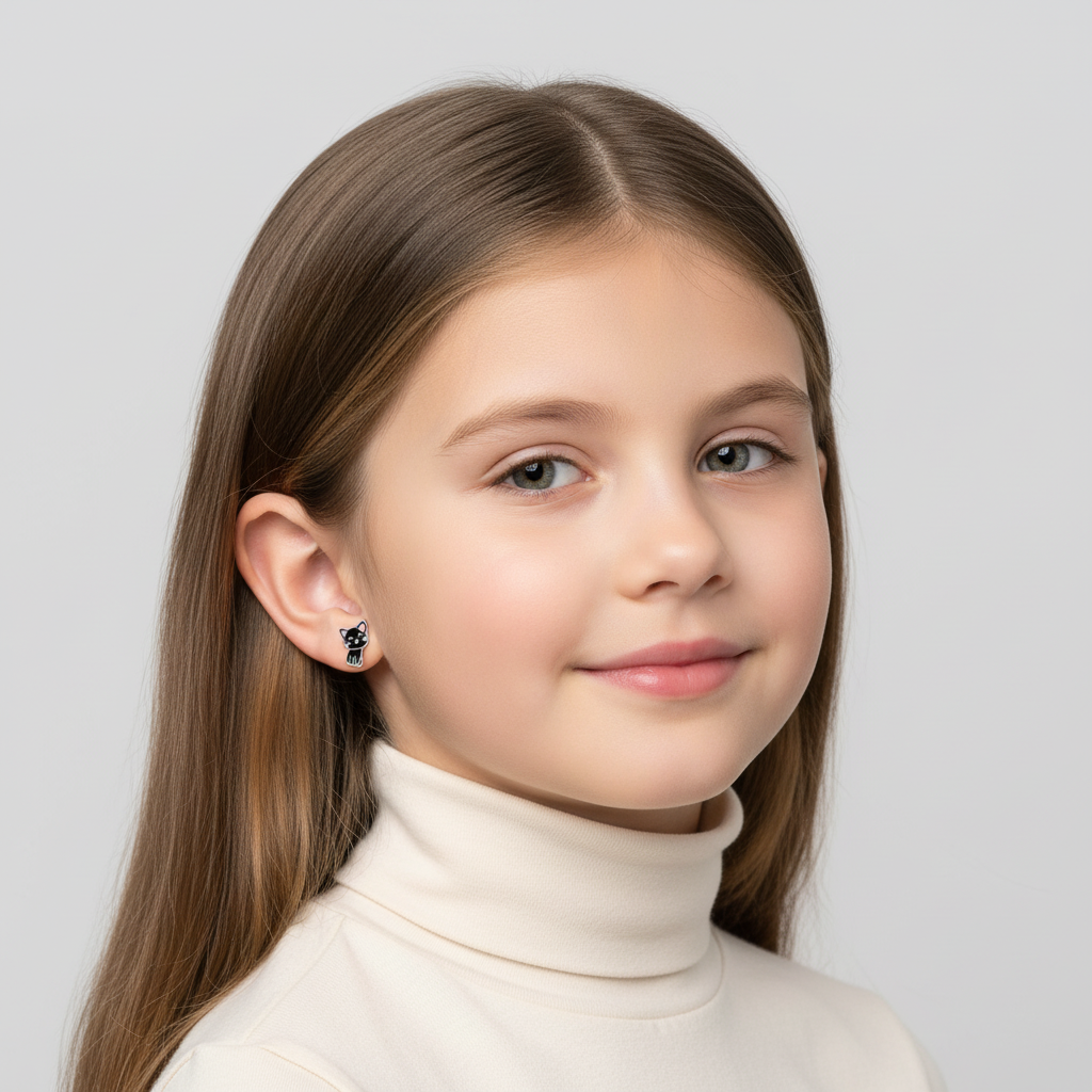 Young girl wearing Melchior Jewellery sterling silver black cat earrings with a cute and playful design