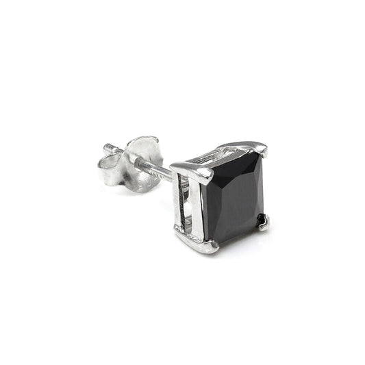 Sterling silver black stud earring for men with square black gemstone set in silver prongs