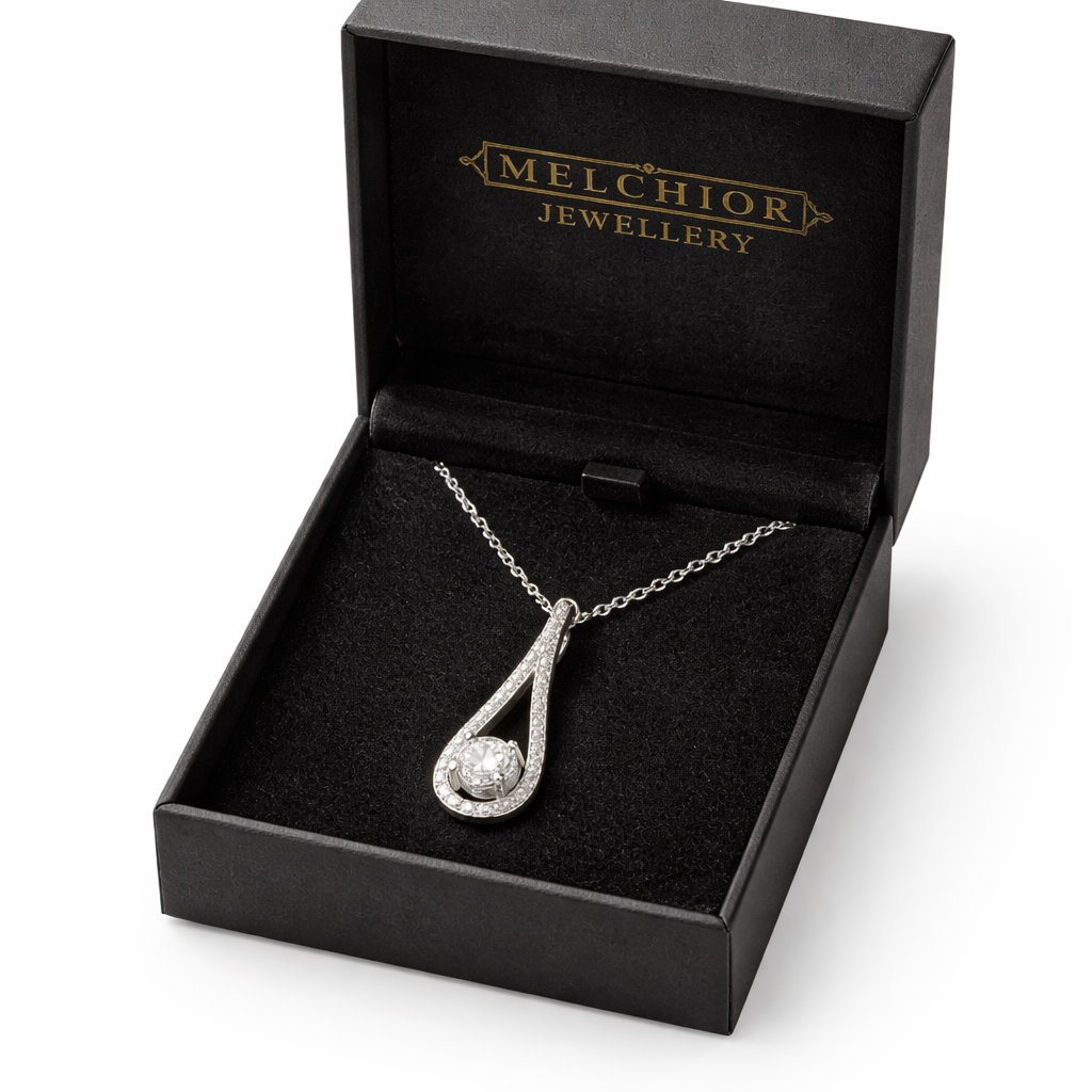 Sterling Silver Bridal Unity Teardrop Necklace displayed in an elegant Melchior Jewellery black box