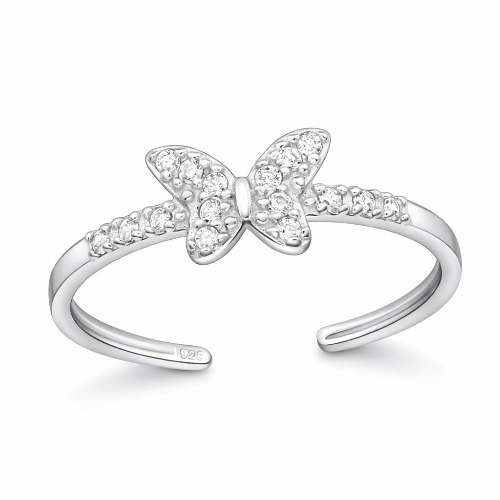 Sterling silver butterfly toe ring with sparkling clear stones on a polished open band by Melchior Jewellery