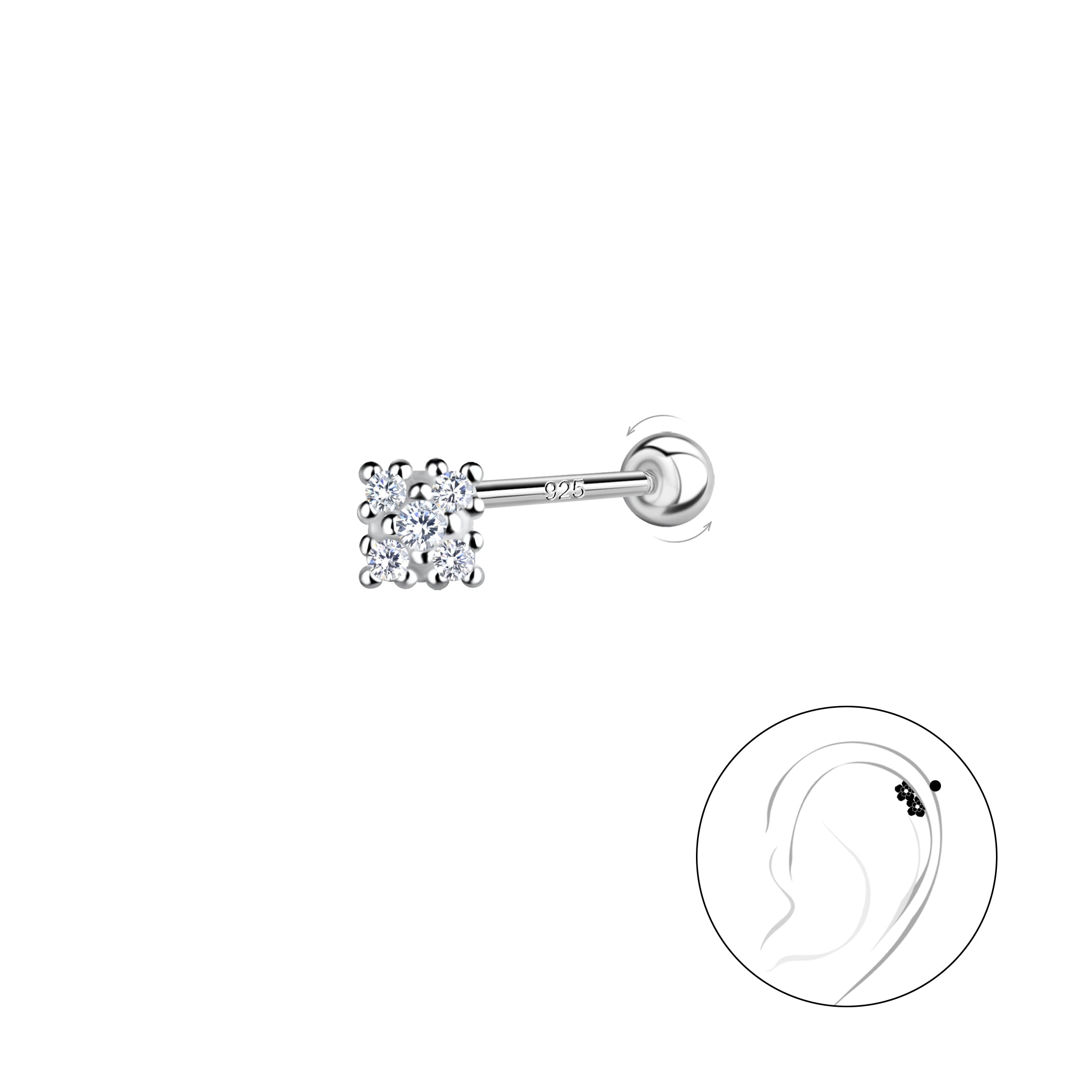Melchior Jewellery sterling silver cartilage stud with clear crystal cluster perfect for ear piercing