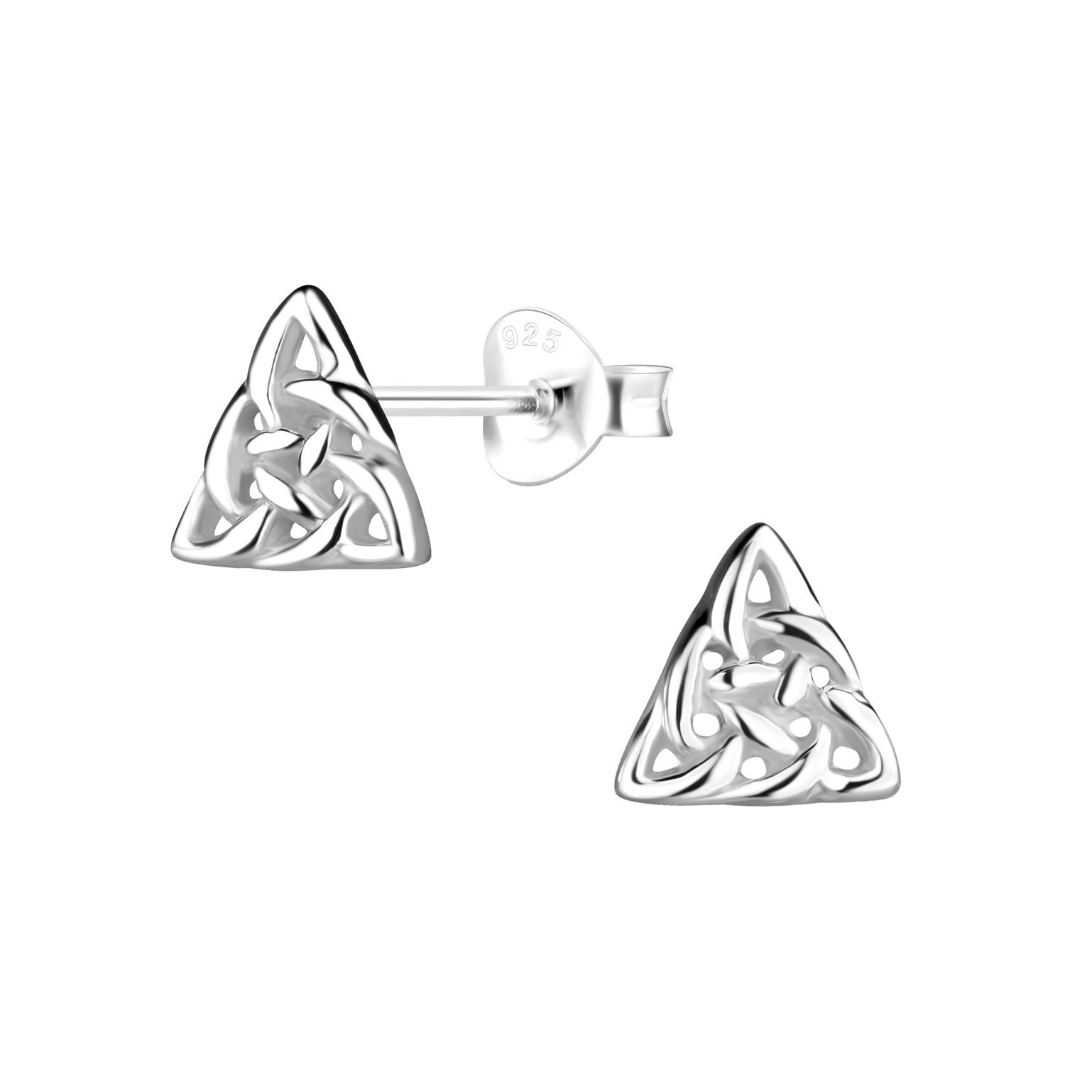 Sterling silver Celtic earrings in triangular design with intricate knotwork by Melchior Jewellery