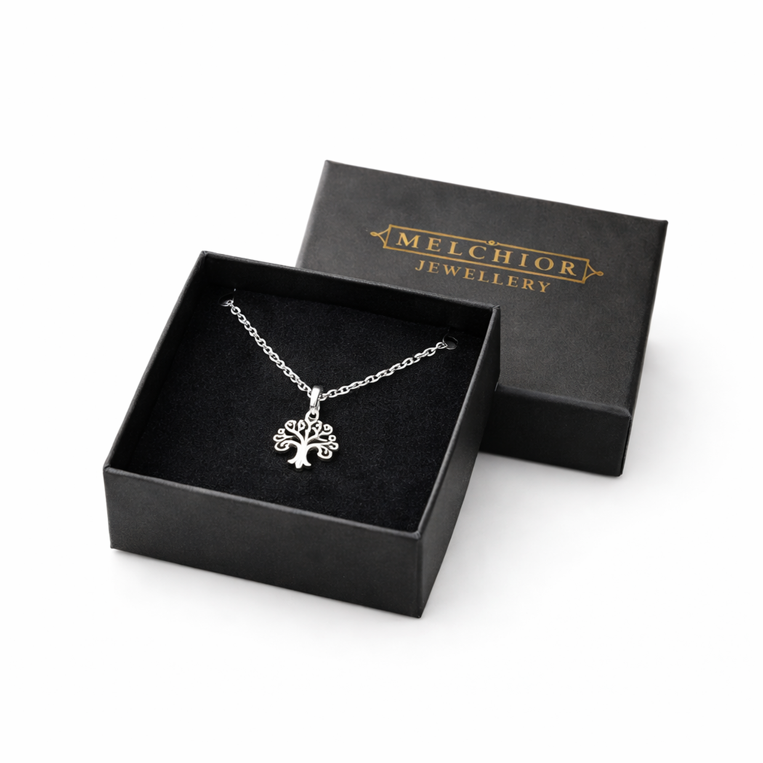 Sterling silver Celtic tree necklace with intricate design in Melchior Jewellery black gift box