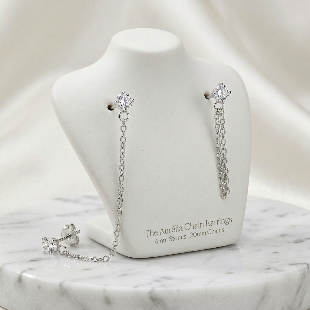 Melchior Jewellery sterling silver chain drop earrings with clear stones and elegant chain design