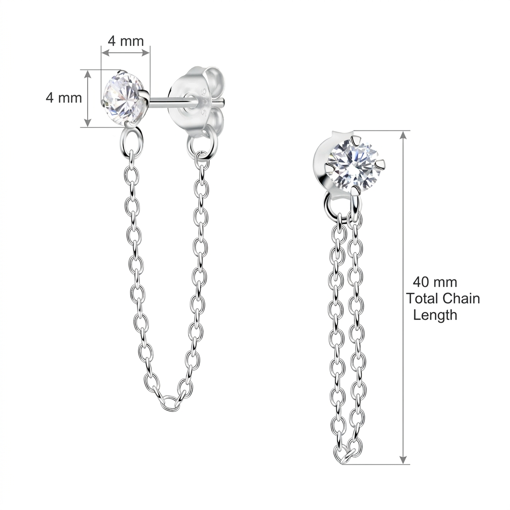 Sterling silver chain drop earrings with clear gemstone studs and 40mm chain length for women