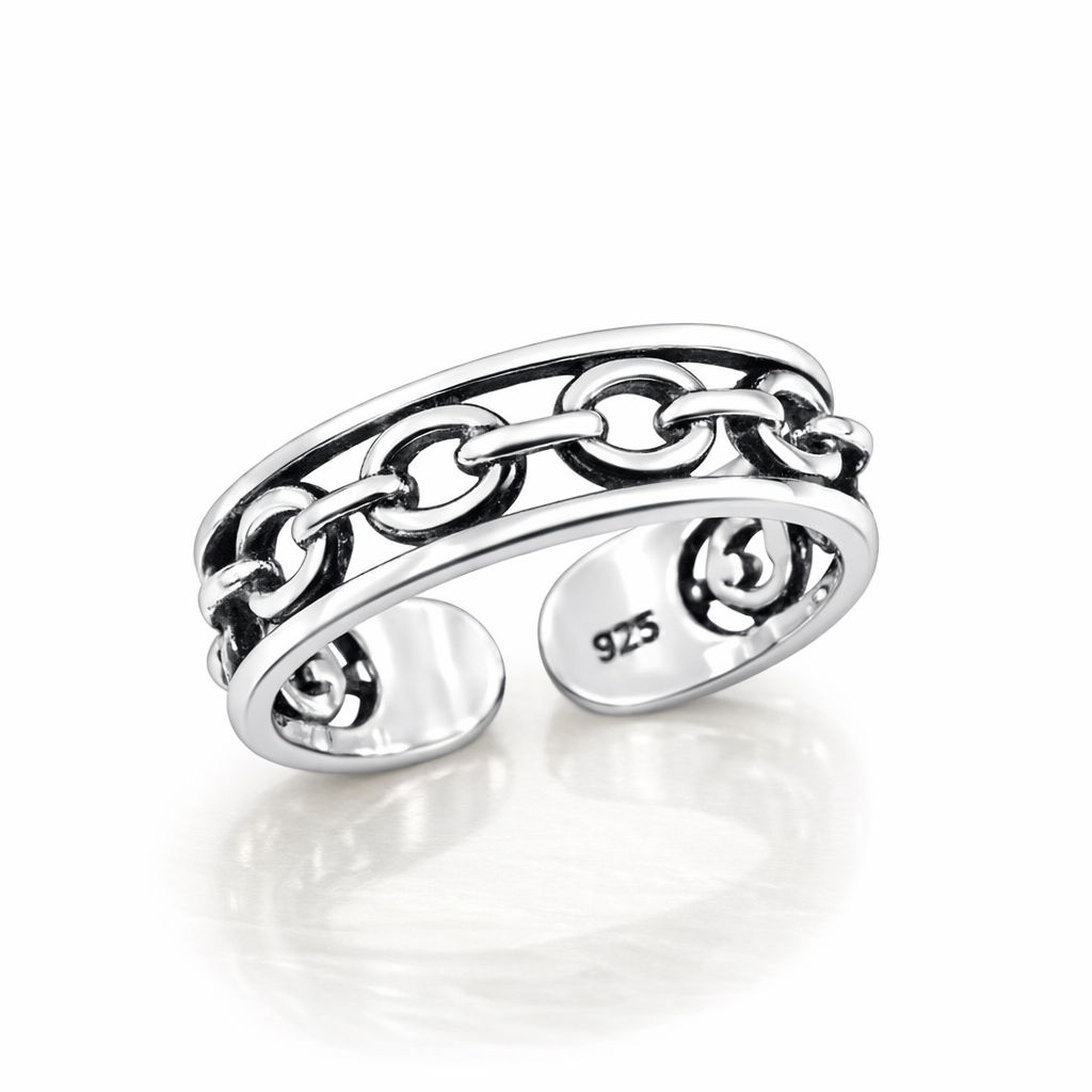 Sterling Silver Chain Toe Ring by Melchior Jewellery with polished linked chain design and open adjustable band