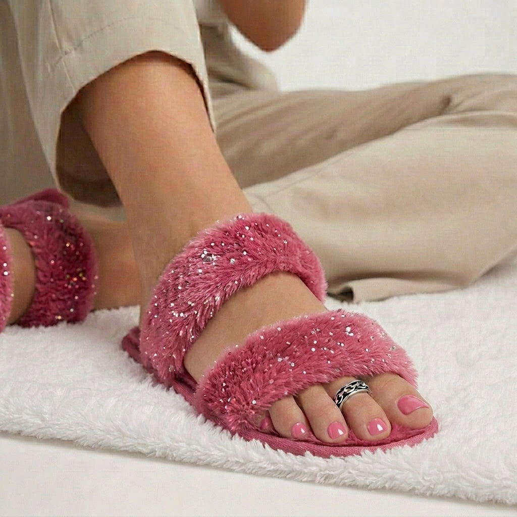 Melchior Jewellery Sterling Silver Chain Toe Ring worn on foot with glossy pink nails and pink fluffy slippers