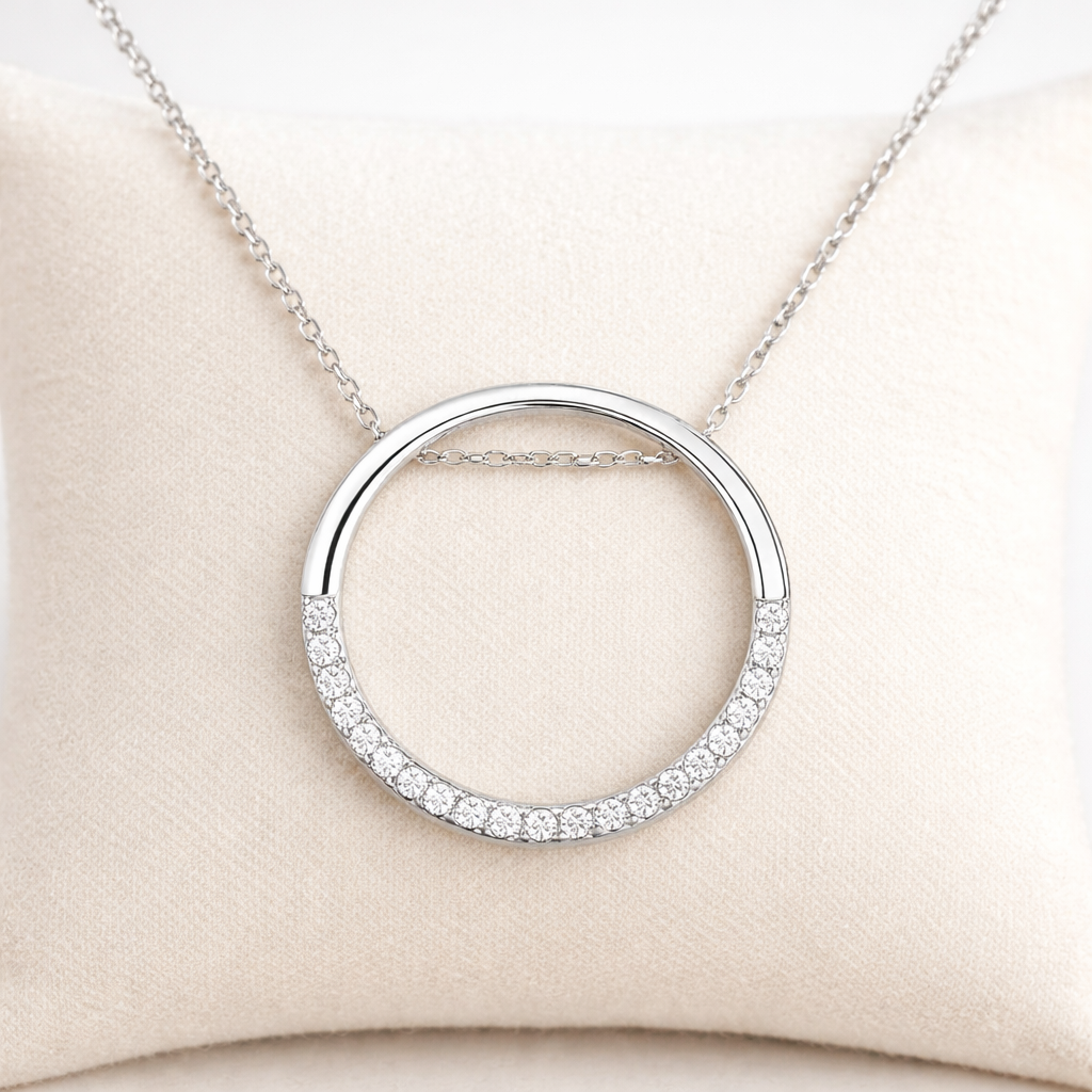 Melchior Jewellery sterling silver circle necklace with diamond detailing on a delicate chain