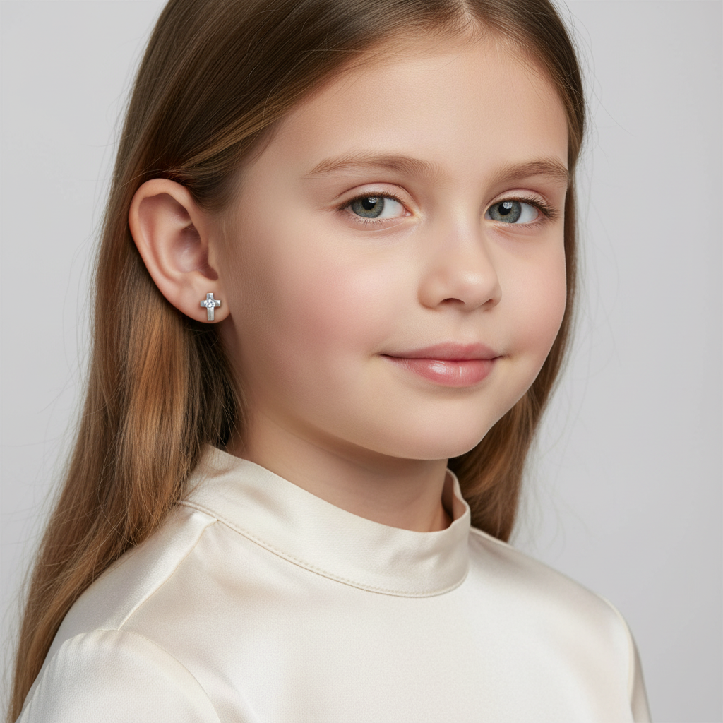 Melchior Jewellery sterling silver cross stud earrings for kids worn by young girl with long hair