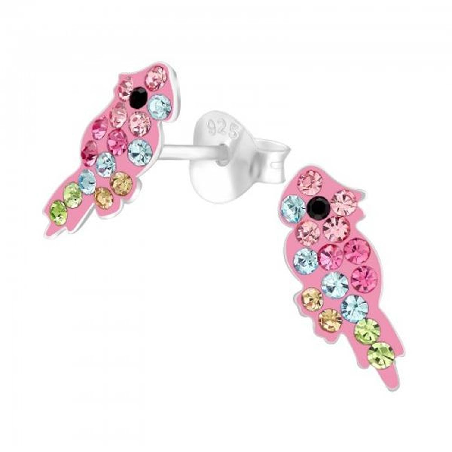 Melchior Jewellery Sterling Silver Crystal Parrot Earrings with pink enamel and multicolour crystals