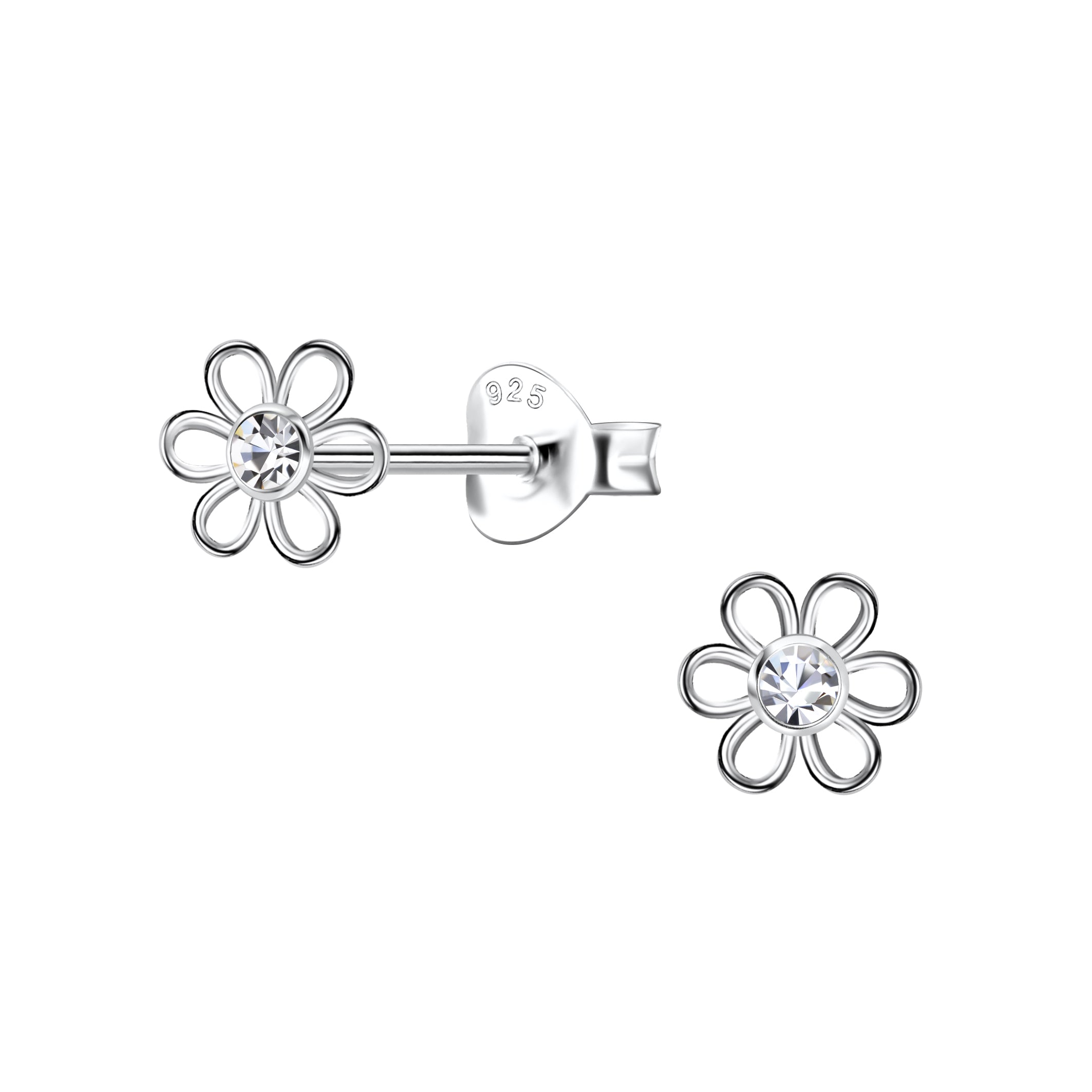 Sterling silver crystal stud earrings for kids in flower shape by Melchior Jewellery