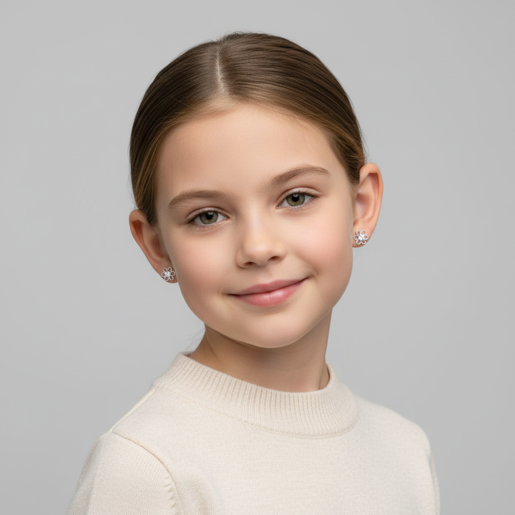 Young girl wearing Melchior Jewellery sterling silver crystal stud earrings for kids with a soft smile