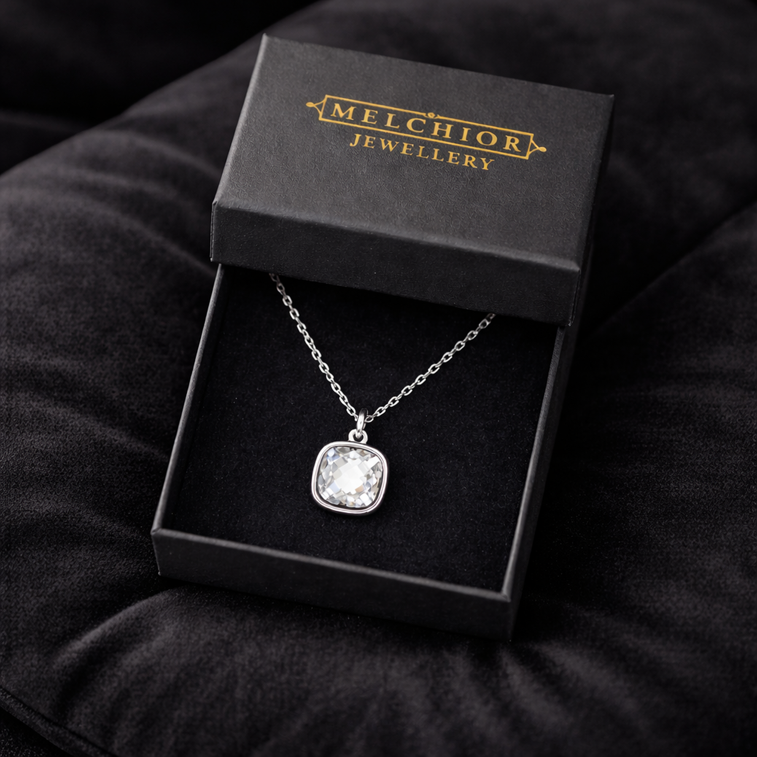 Melchior Jewellery sterling silver cubic zirconia necklace in black branded gift box