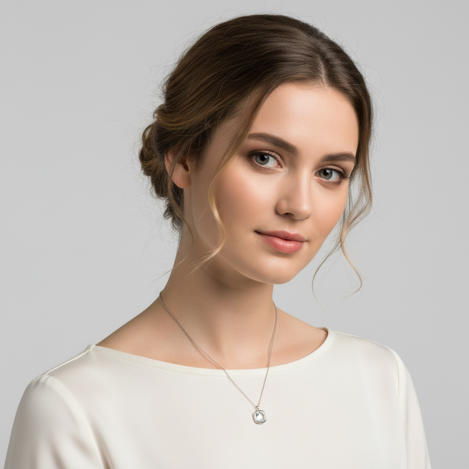Elegant sterling silver cubic zirconia necklace worn by woman with neutral makeup and cream top