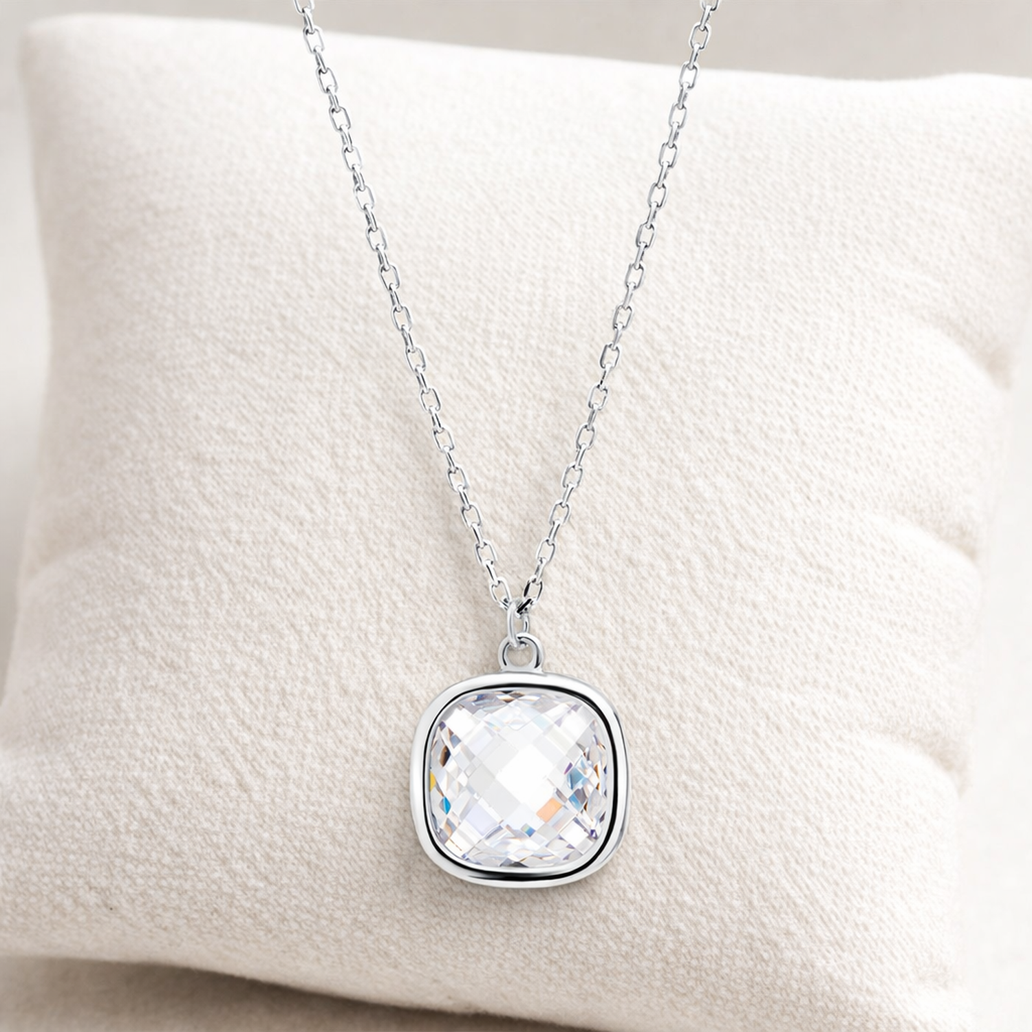 Melchior Jewellery sterling silver cubic zirconia necklace with cushion-cut pendant on silver chain