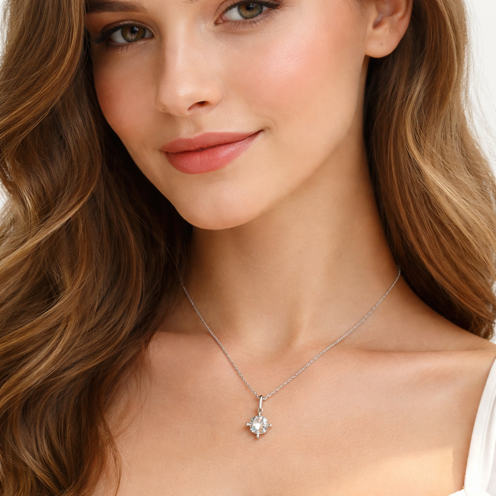 Melchior Jewellery sterling silver cubic zirconia necklace worn by woman with long brown hair