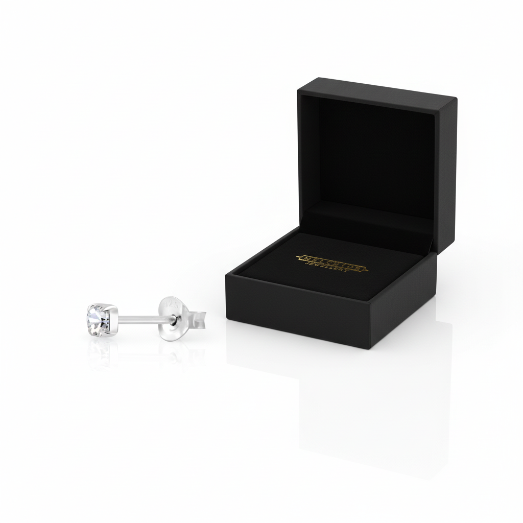Melchior Jewellery sterling silver cubic zirconia stud earrings with elegant black display box
