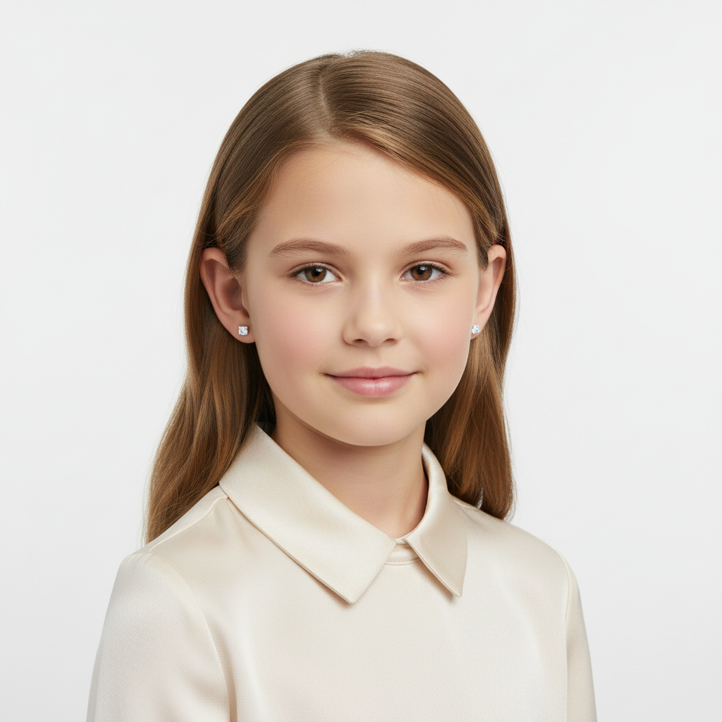 Melchior Jewellery sterling silver cubic zirconia stud earrings worn by girl with straight hair