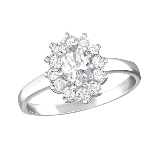 Melchior Jewellery sterling silver CZ cluster ring with oval centre stone halo of round CZ on polished band