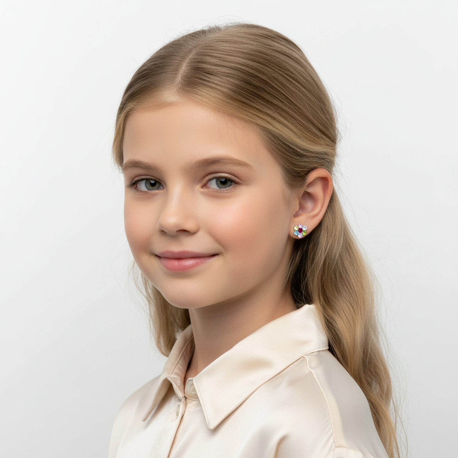 Melchior Jewellery sterling silver CZ earrings for girls worn by a smiling young girl with blonde hair