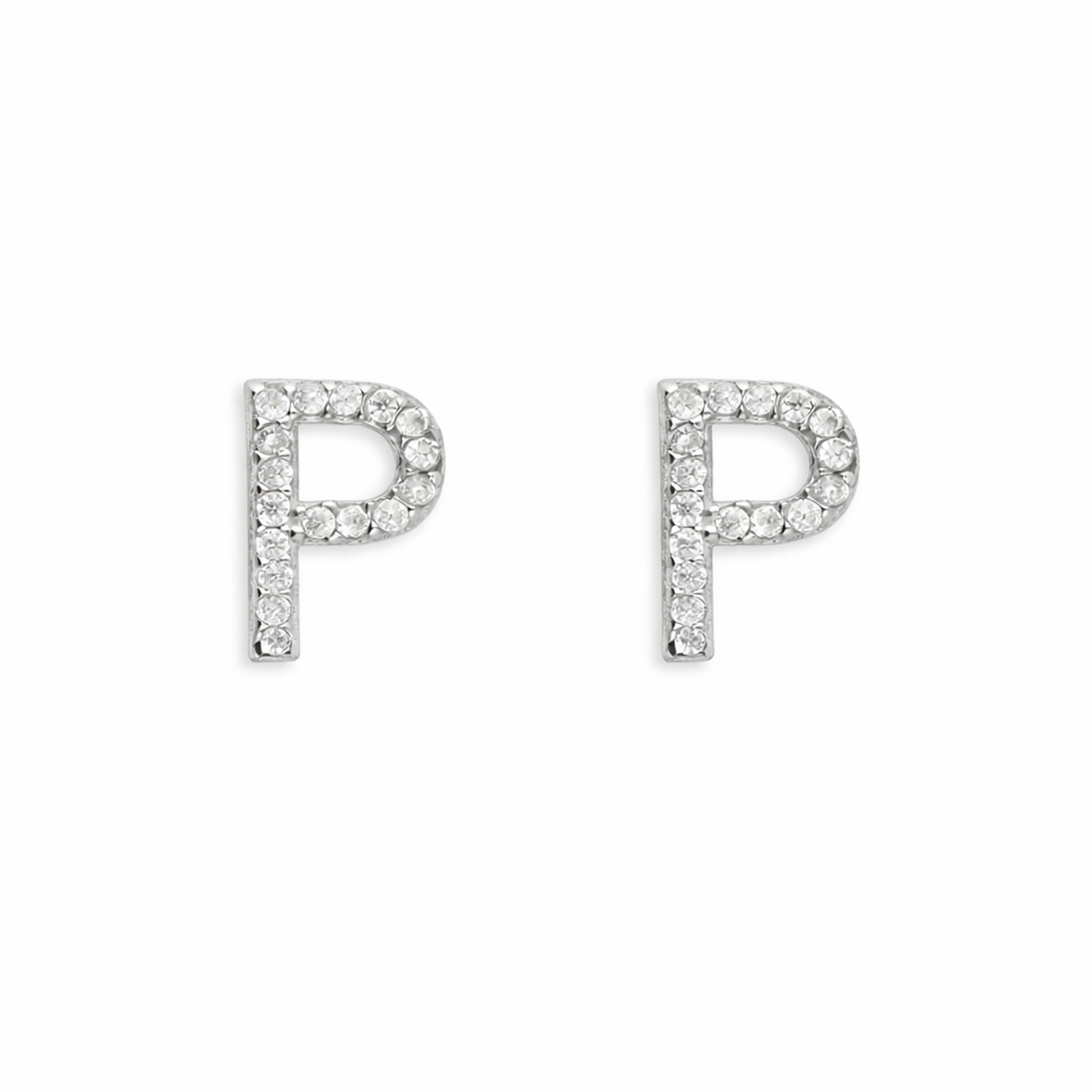 Sterling silver CZ letter P stud earrings with clear sparkling stones from Melchior Jewellery