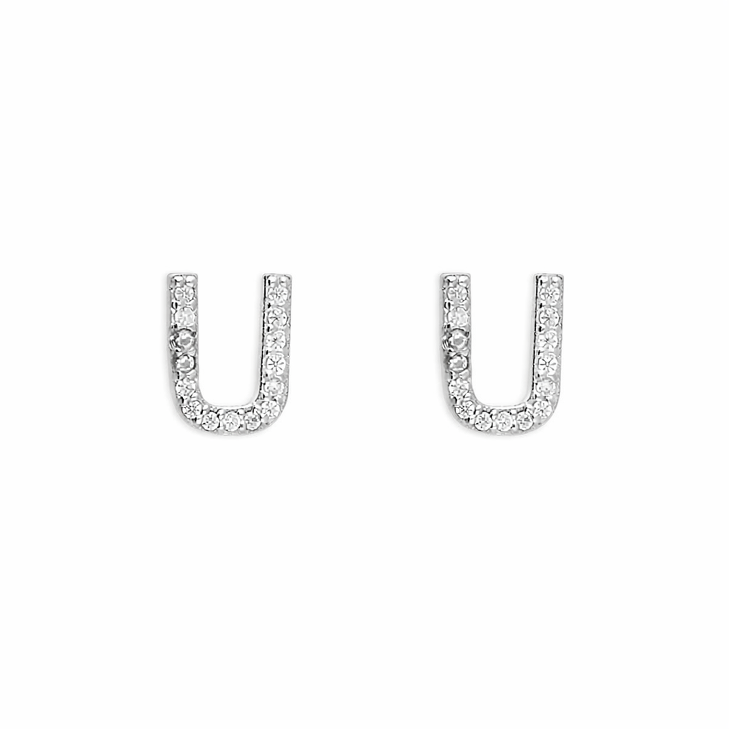 Melchior Jewellery Sterling Silver CZ Letter U Stud Earrings with clear sparkling cubic zirconia stones
