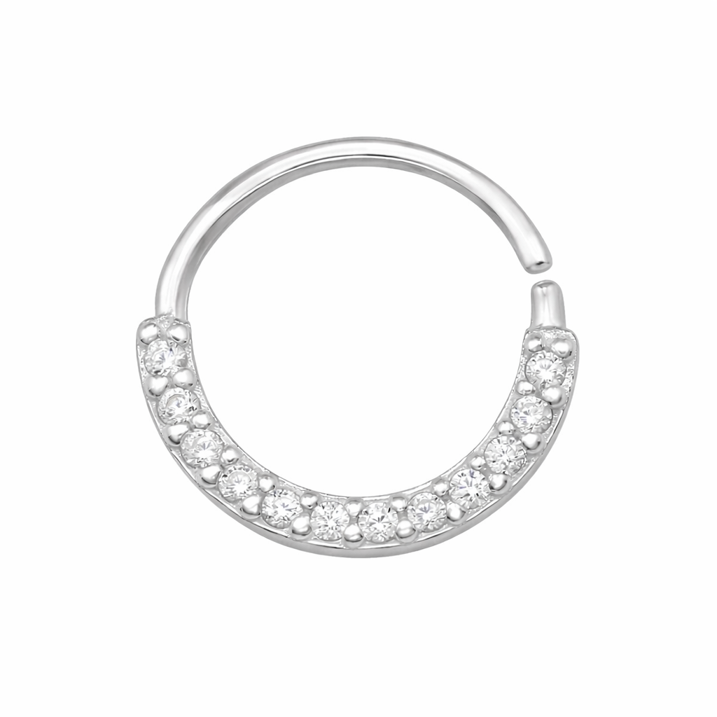 Sterling silver CZ nose ring by Melchior Jewellery featuring a polished silver hoop with sparkling clear cubic zirconia stones