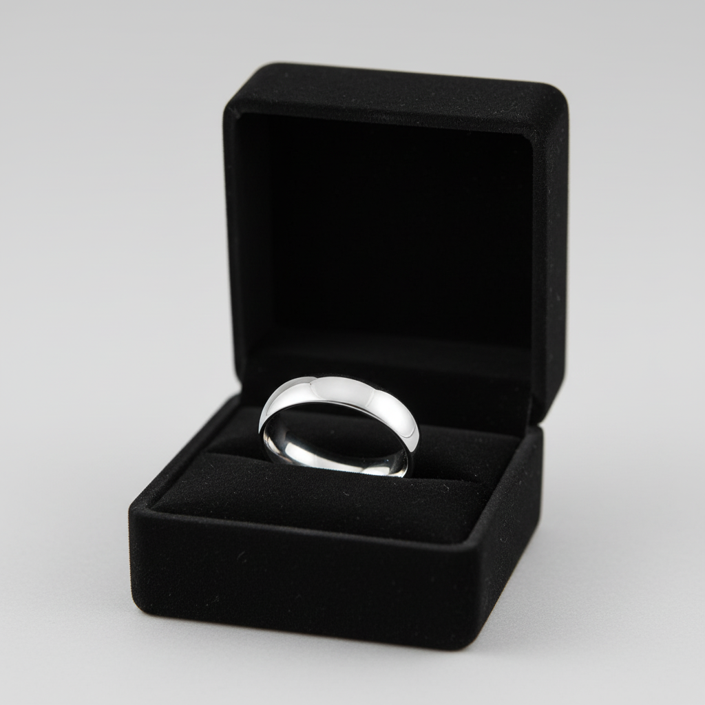 Sterling silver d shape wedding ring displayed in black velvet ring box by Melchior Jewellery
