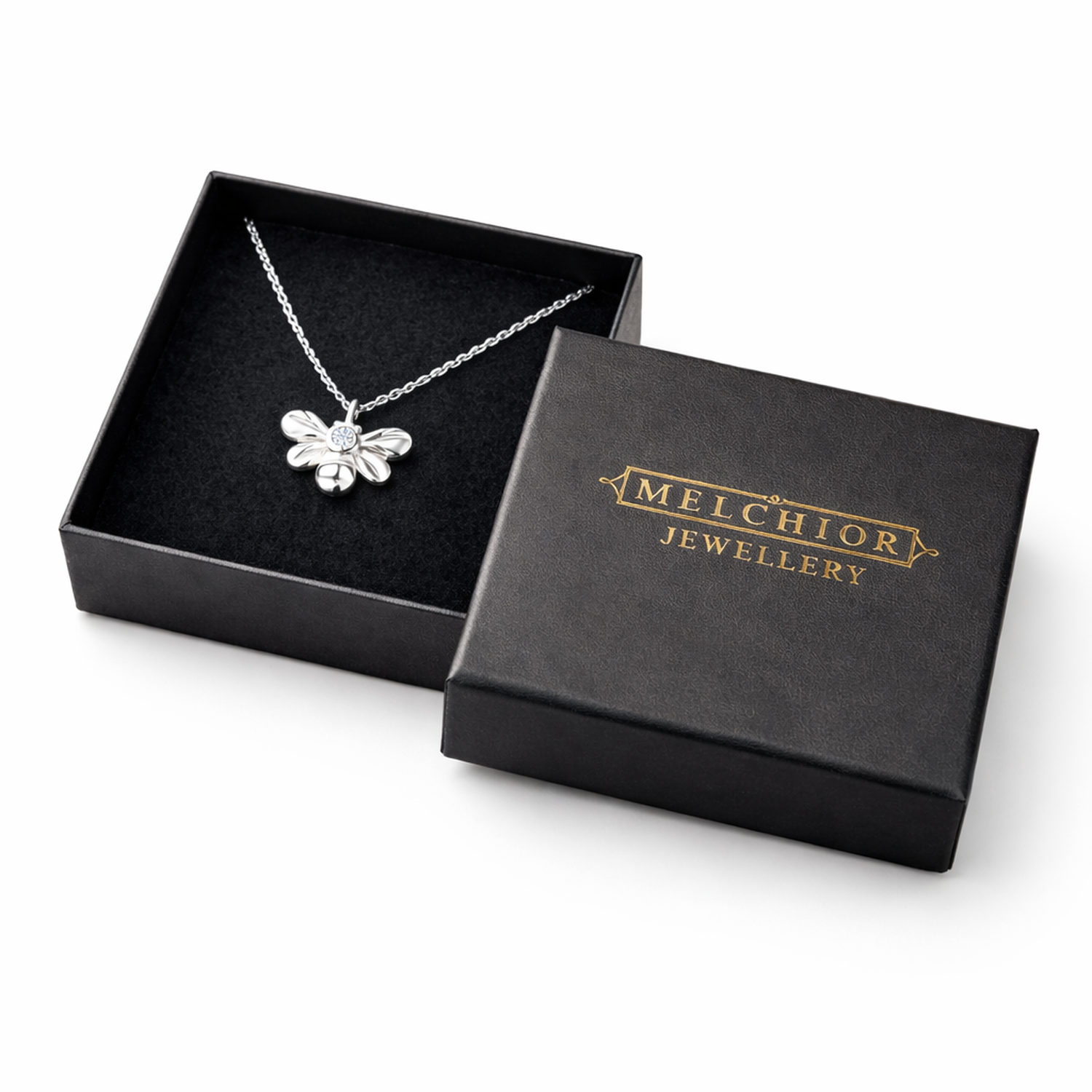 Sterling Silver Diamond Bee Pendant Necklace by Melchior Jewellery in black branded gift box
